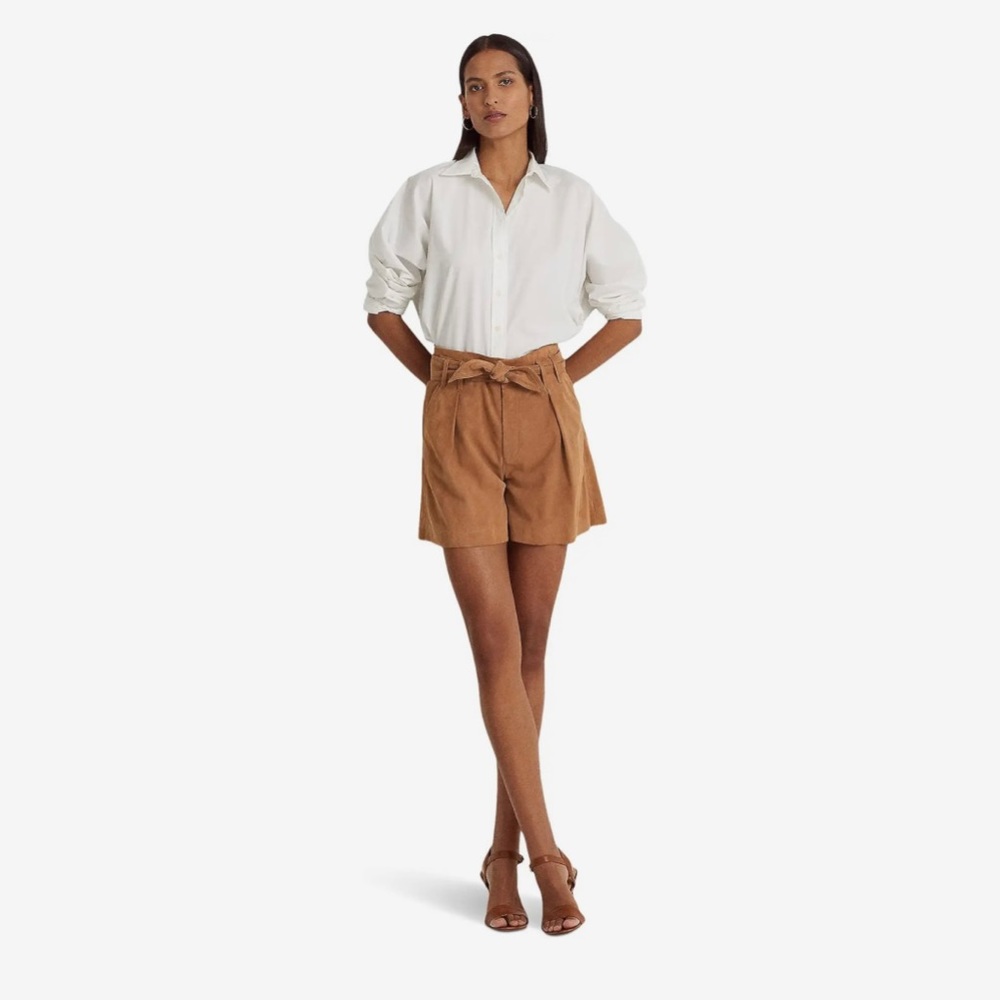 LAUREN RALPH LAUREN HIGH-RISE BELTED SUEDE SHORTS SIZE 12 LIGHT CAMEL NWT